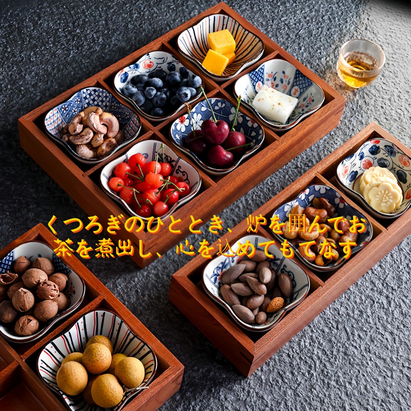 Amazon.co.jp: Poixmoc 豆皿セット 陶器 竹製 6 区仕切りトレー付 6 枚